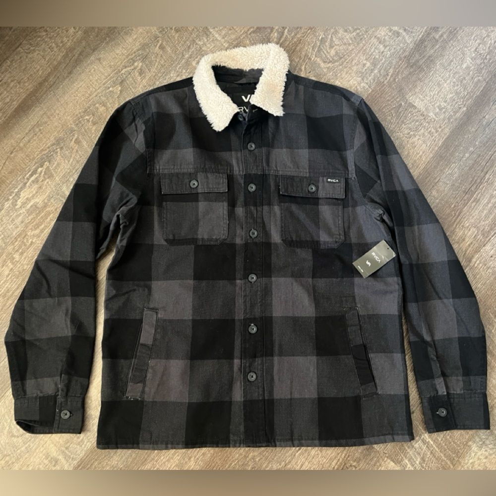 RVCA Range Faux Shearling Collar Buffalo‎ Plaid Shirt Jacket-Size Medium